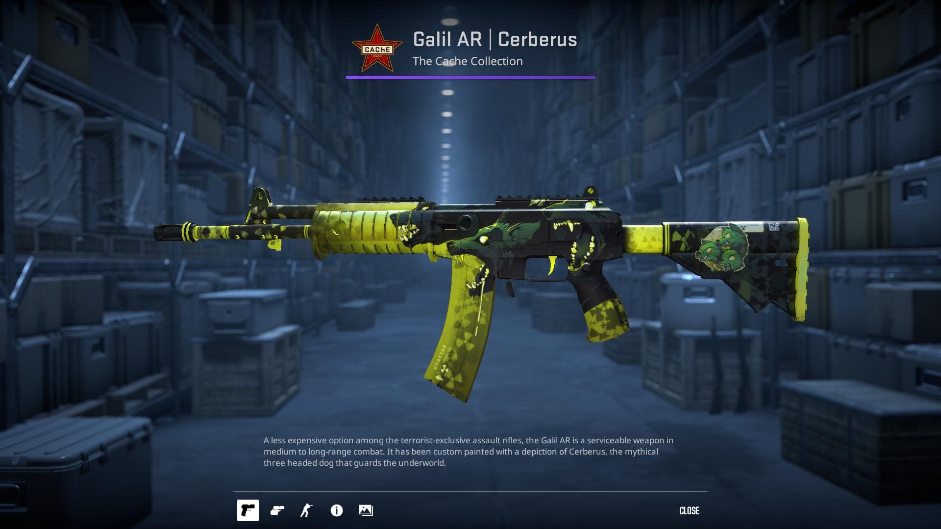 An image of the Cerberus skin for the Galil AR in Counter-Strike 2, featuring a depiction of Cerberus, the mythical three-headed dog.