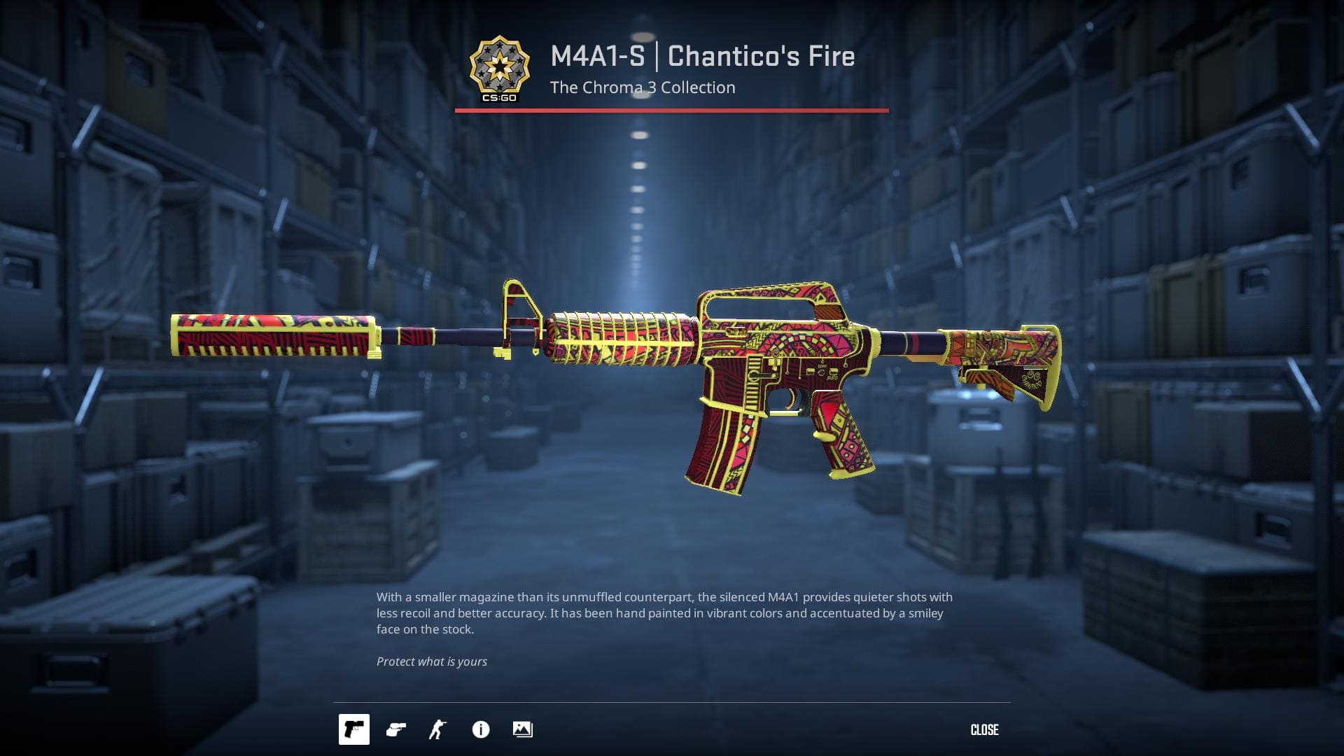 A vibrant image of the M4A1-S Chantico's Fire skin from Counter-Strike 2, hand-painted in vivid colors with a smiley face on the stock.