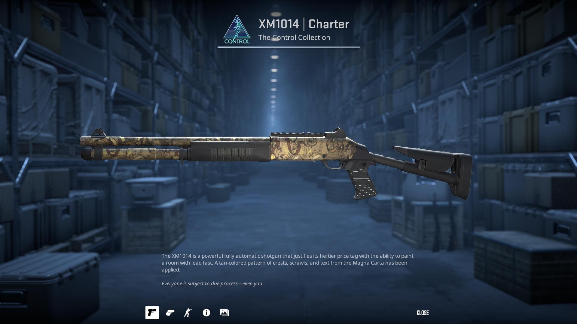 XM1014 Charter rifle skin with a tan-colored pattern of crests, scrolls, and text from the Magna Carta.