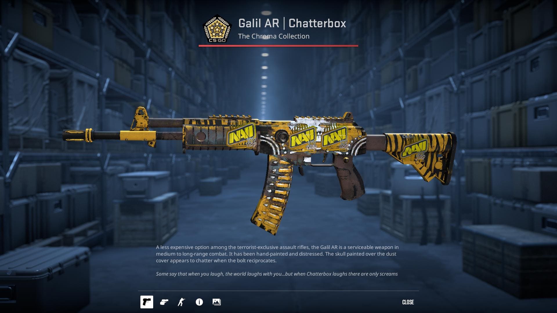 An image of the Chatterbox skin for the Galil AR in Counter-Strike 2, featuring a hand-painted and distressed design with a skull that chatter when the bolt reciprocates.