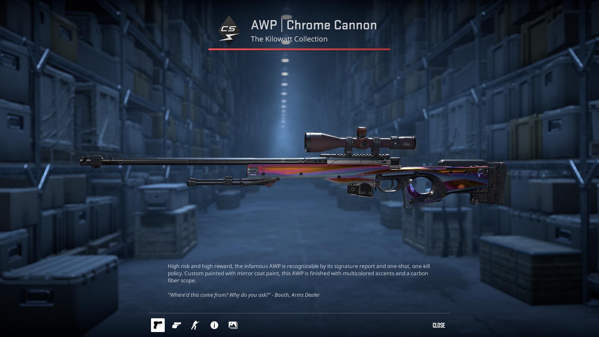 AWP Chrome Cannon skin with a reflective, multicolored design and carbon fiber scope.