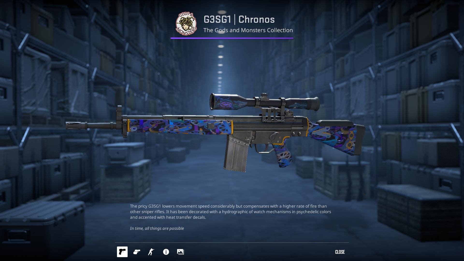 G3SG1 Chronos rifle skin decorated with psychedelic watch mechanisms and heat transfer decals.