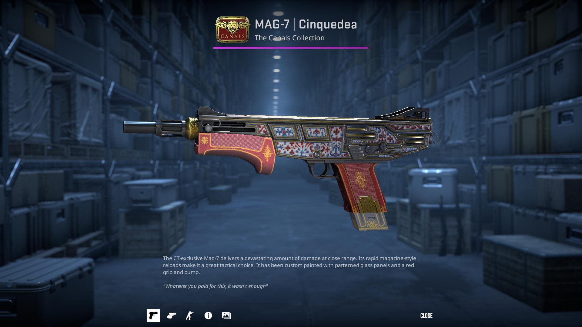 MAG-7 Cinquedea skin with patterned glass panels and a red grip.