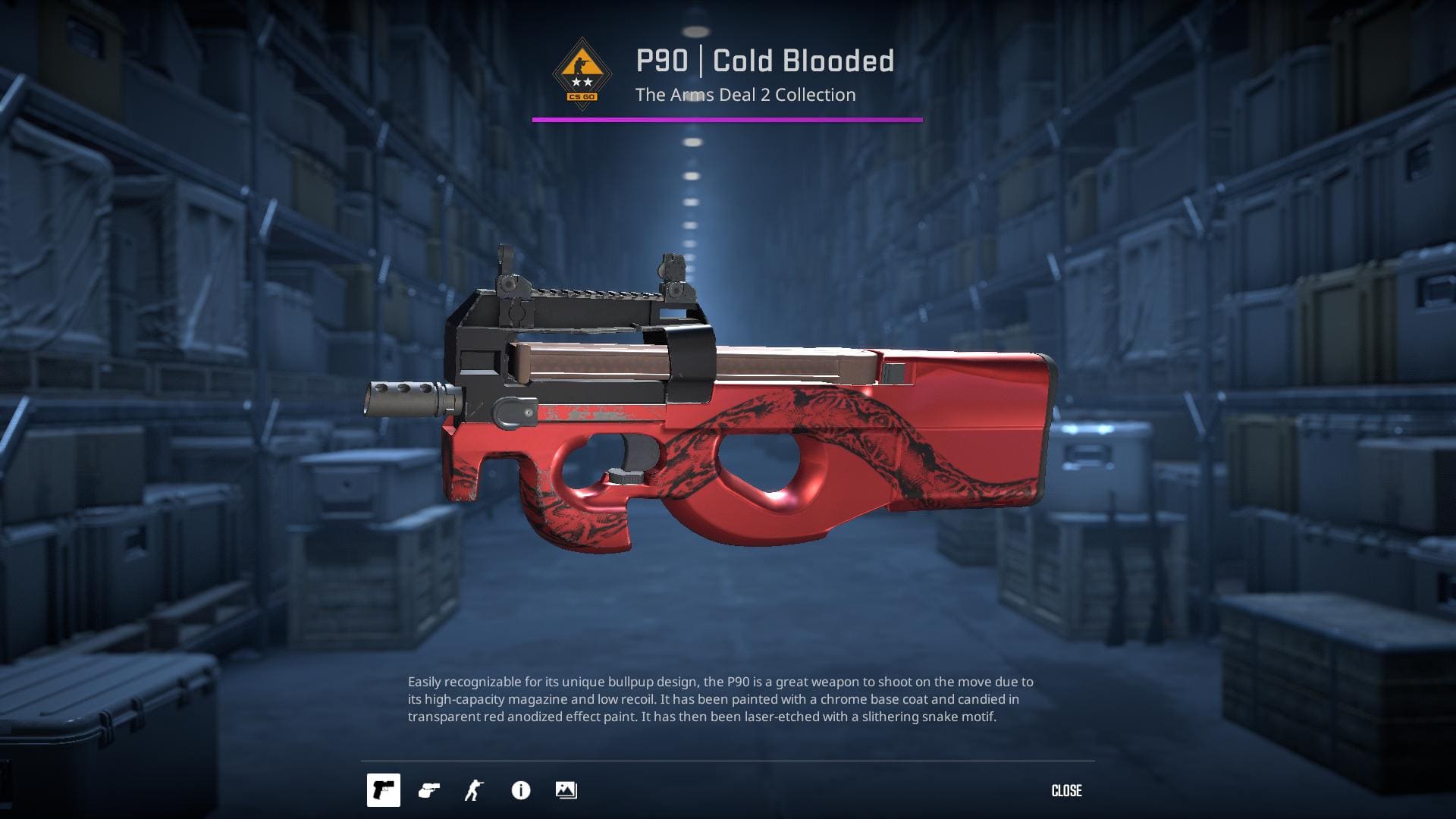 A high-definition image of the P90 submachine gun with a Cold Blooded skin, featuring a chrome base coat with a candied transparent red anodized effect paint and a slithering snake motif.