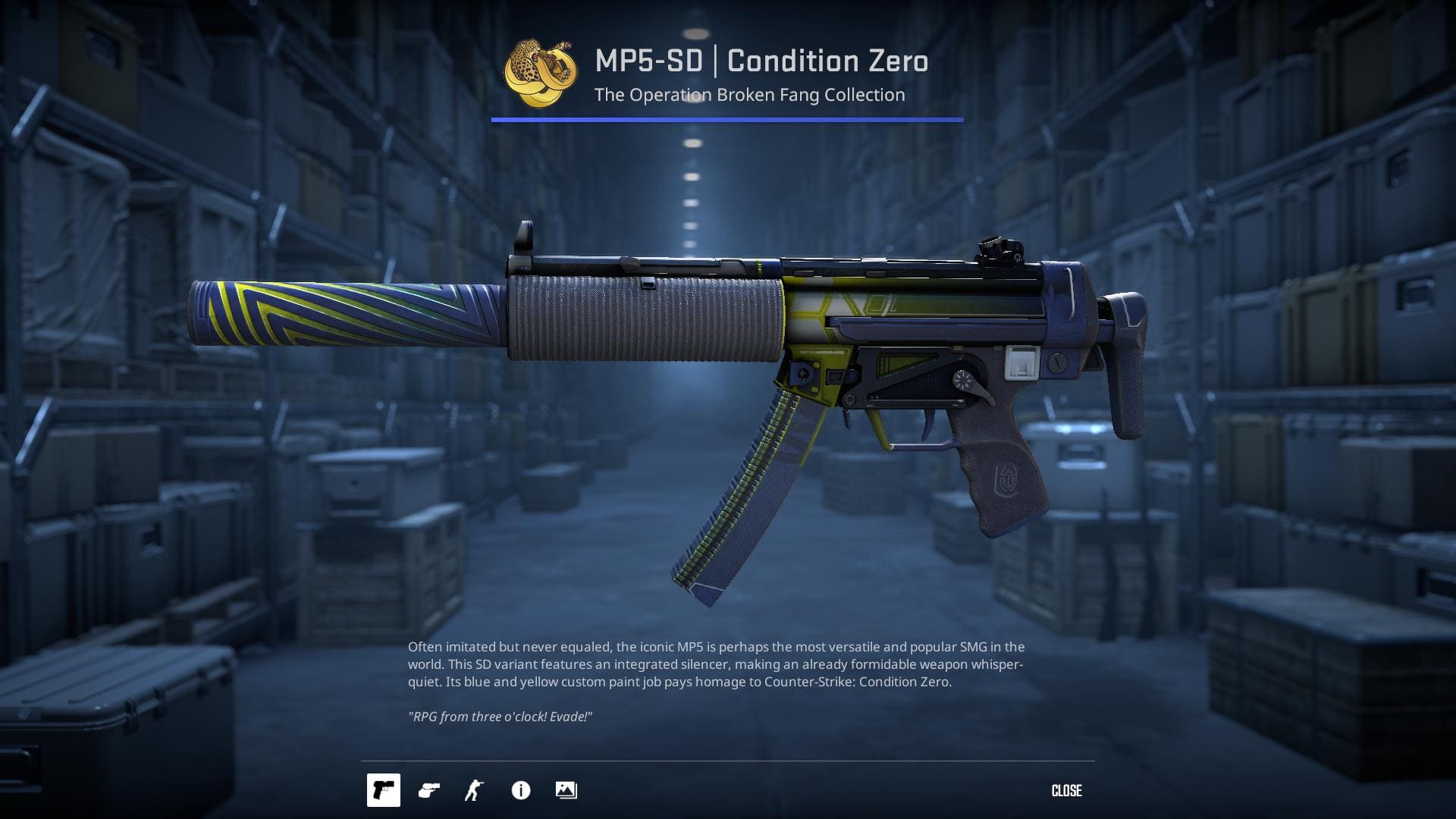 MP5-SD Condition Zero skin from Counter-Strike 2, featuring a full blue and yellow custom paint job.