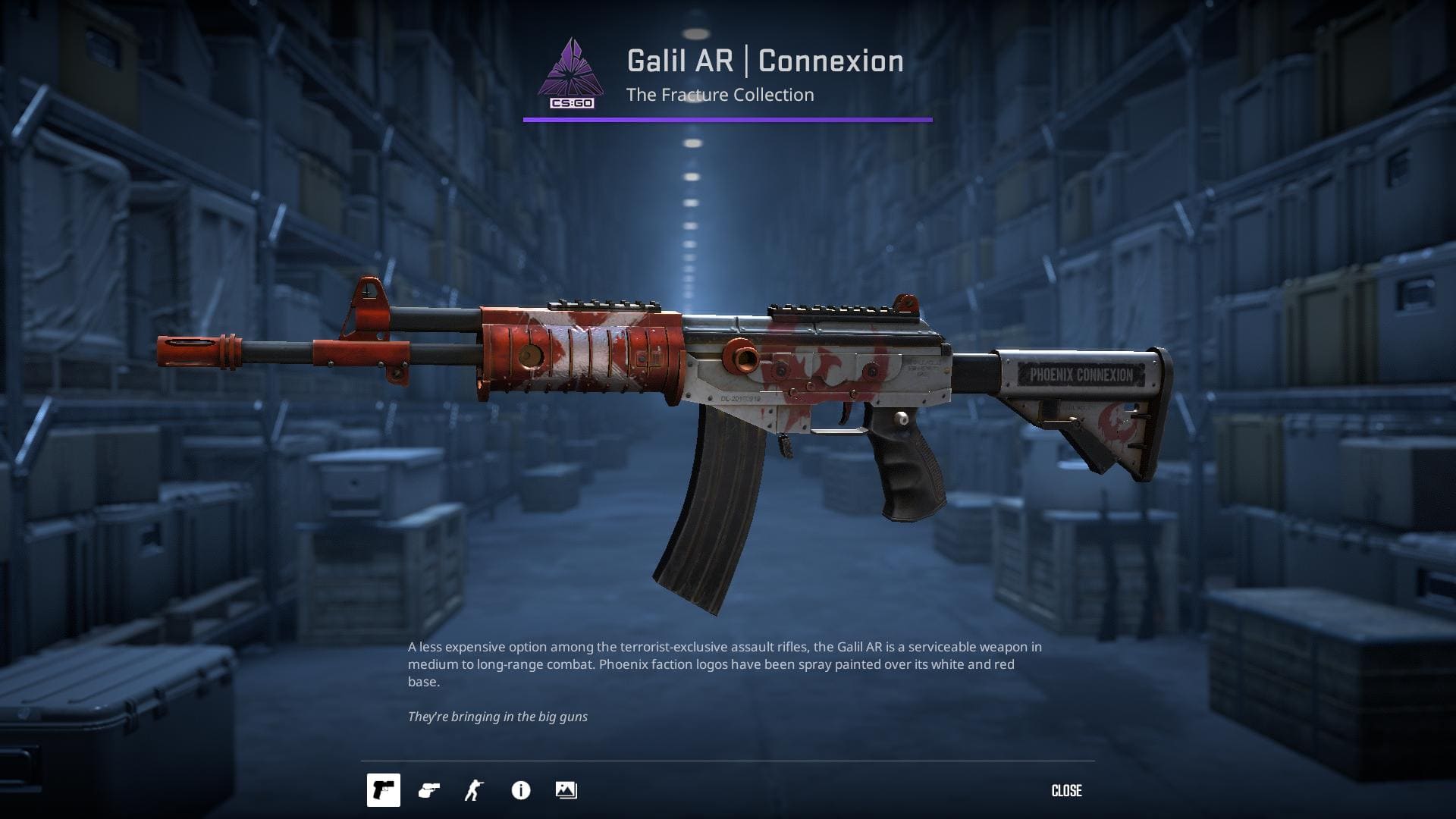 An image of the Connexion skin for the Galil AR in Counter-Strike 2, featuring Phoenix faction logos spray-painted over a white and red base.