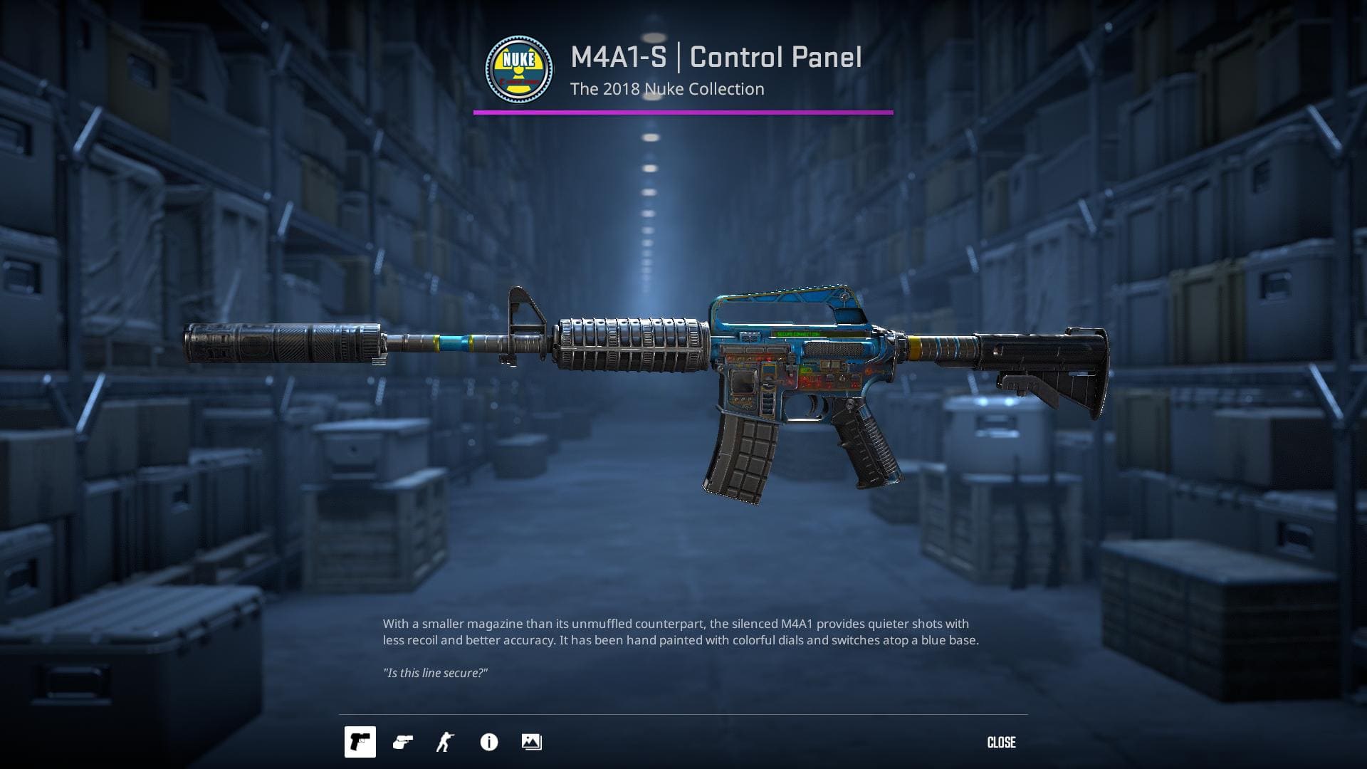 A high-definition image of the M4A1-S Control Panel skin from Counter-Strike 2, featuring colorful dials and switches atop a blue base.