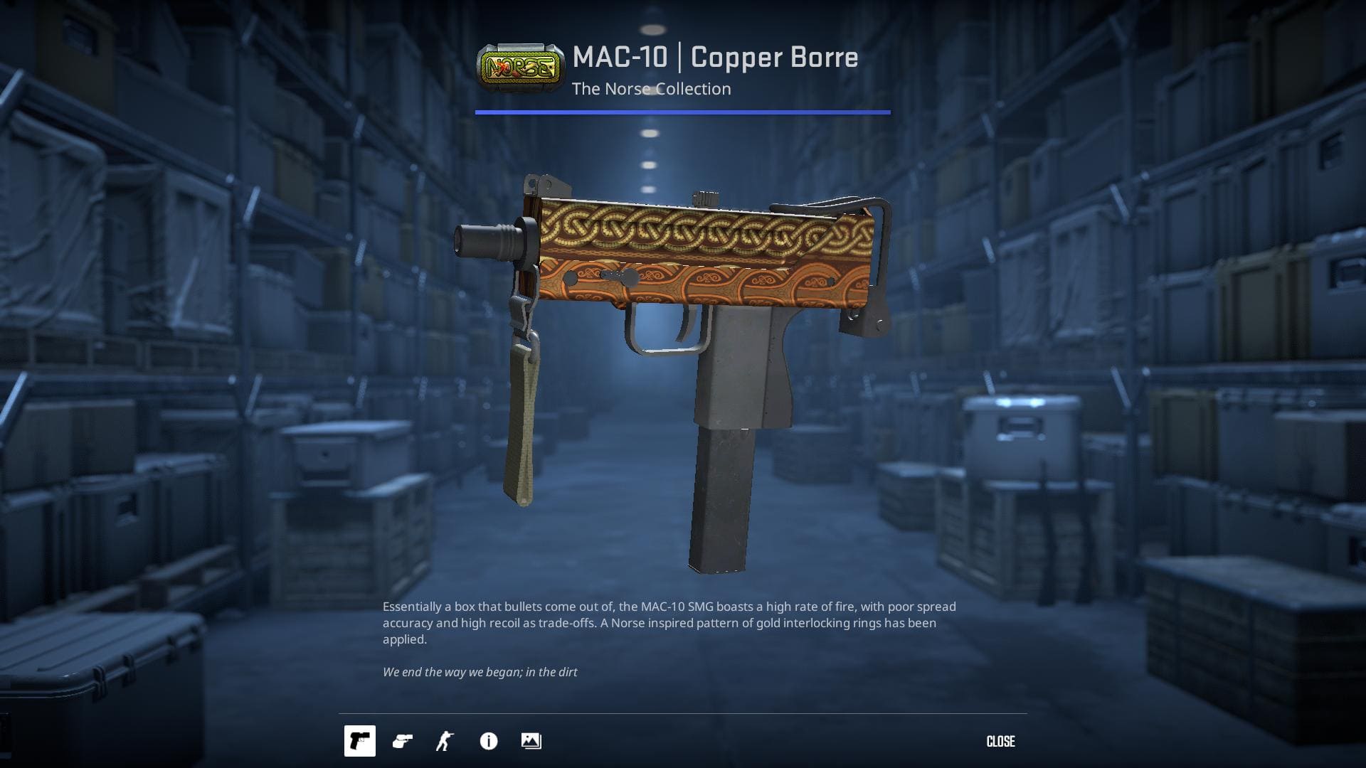 MAC-10 Copper Borre skin from the Norse Collection in Counter-Strike 2.