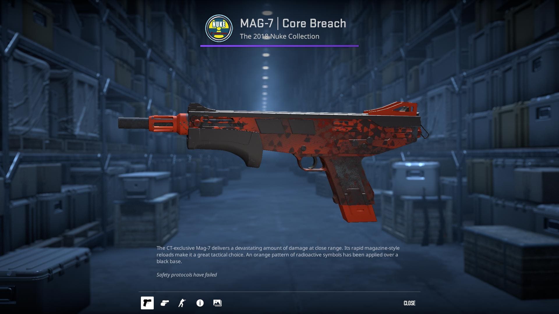 MAG-7 Core Breach skin with an orange pattern of radioactive symbols over a black base.