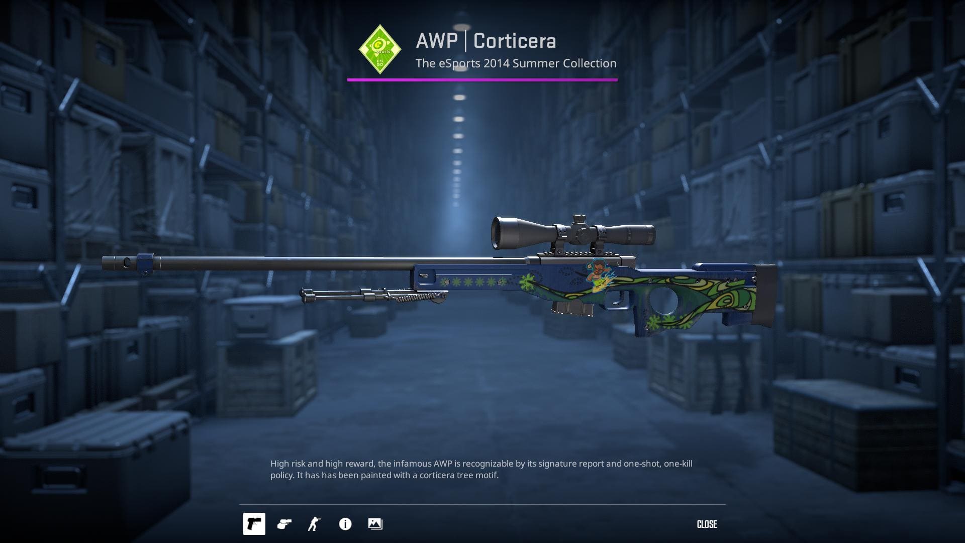 AWP Corticera skin with a detailed, tree motif design in green and yellow.