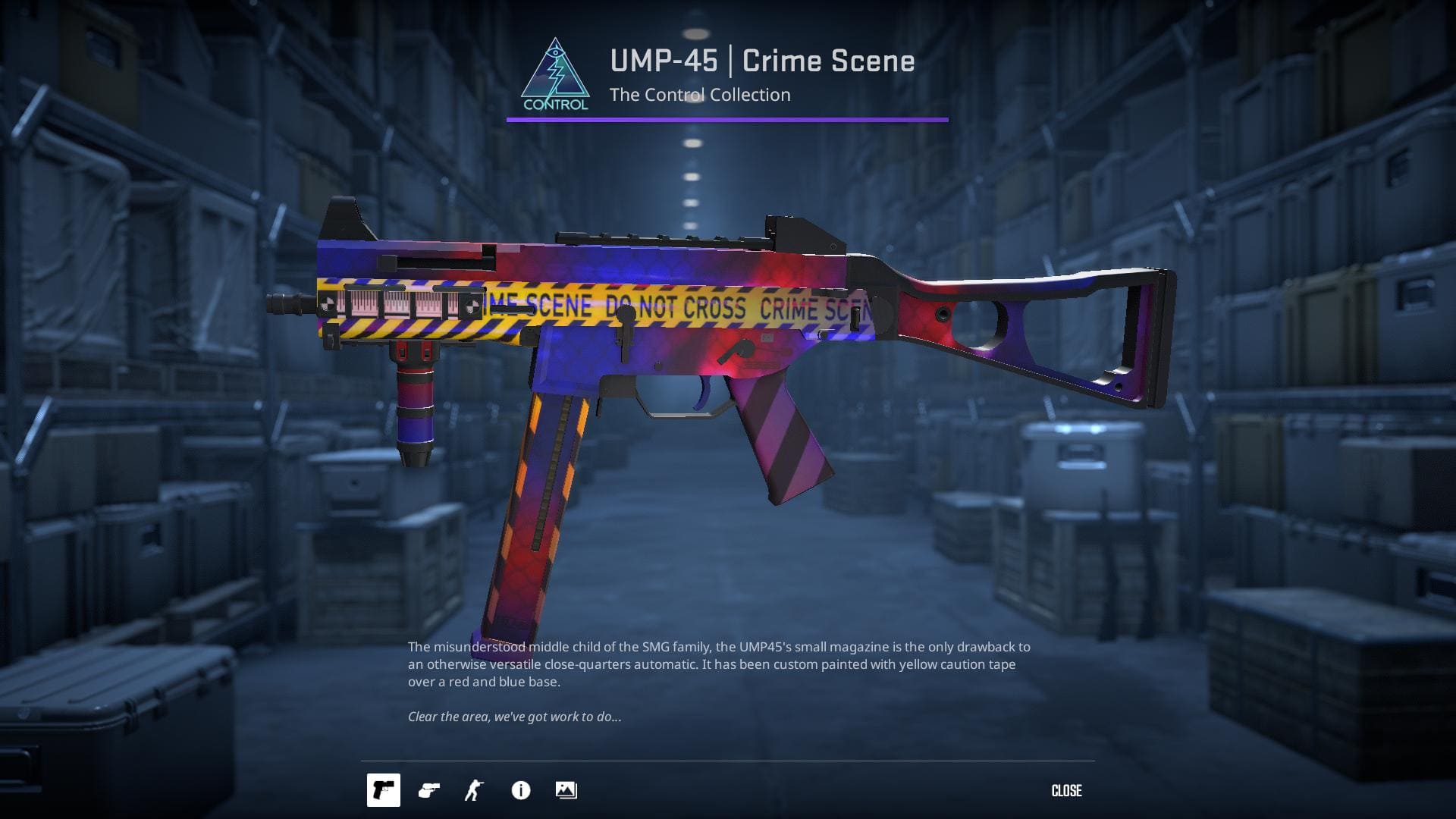 High-definition image of the UMP-45 Crime Scene submachine gun skin from Counter-Strike 2, featuring yellow caution tape over a red and blue base.