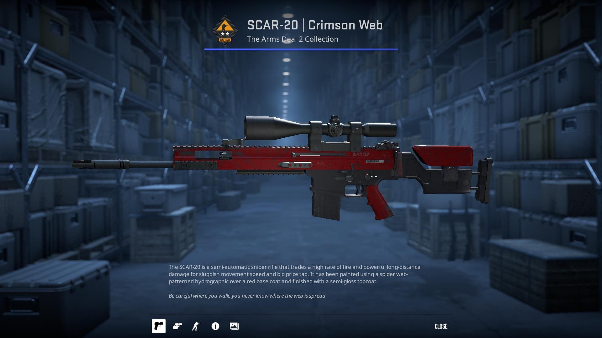 A detailed image of the SCAR-20 rifle skin named Crimson Web from the Arms Deal 2 Collection in Counter-Strike 2. The rifle is painted using a spider web-patterned hydrographic over a red base coat and finished with a semi-gloss topcoat.