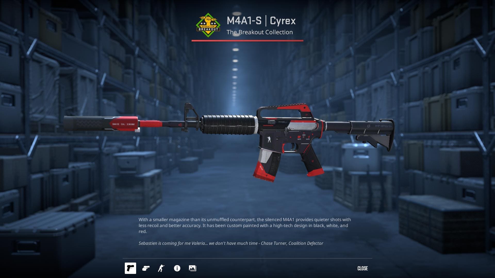 A detailed image of the M4A1-S Cyrex skin from Counter-Strike 2, showcasing a high-tech design in black, white, and red.