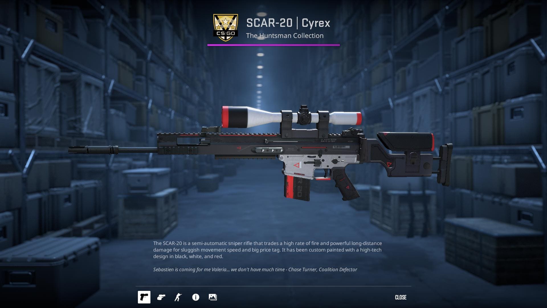 High-tech SCAR-20 rifle with a black, white, and red design from the Huntsman Collection in Counter-Strike 2.