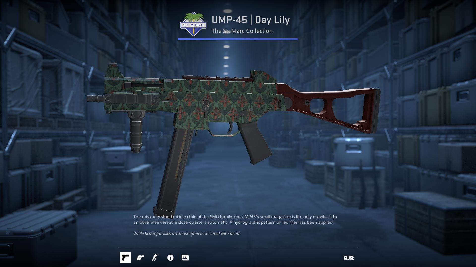 High-definition image of the UMP-45 Day Lily submachine gun skin from Counter-Strike 2, featuring a hydrographic pattern of red lilies.