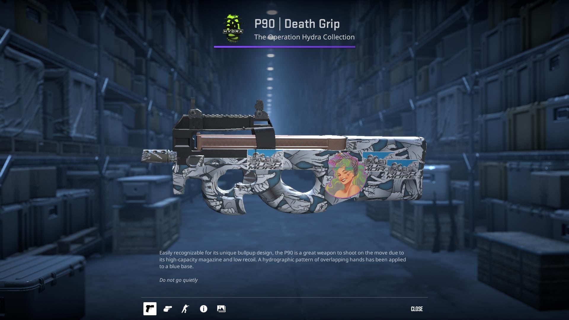 An image of the P90 submachine gun with a Death Grip skin, featuring a hydrographic pattern of overlapping hands on a blue base.