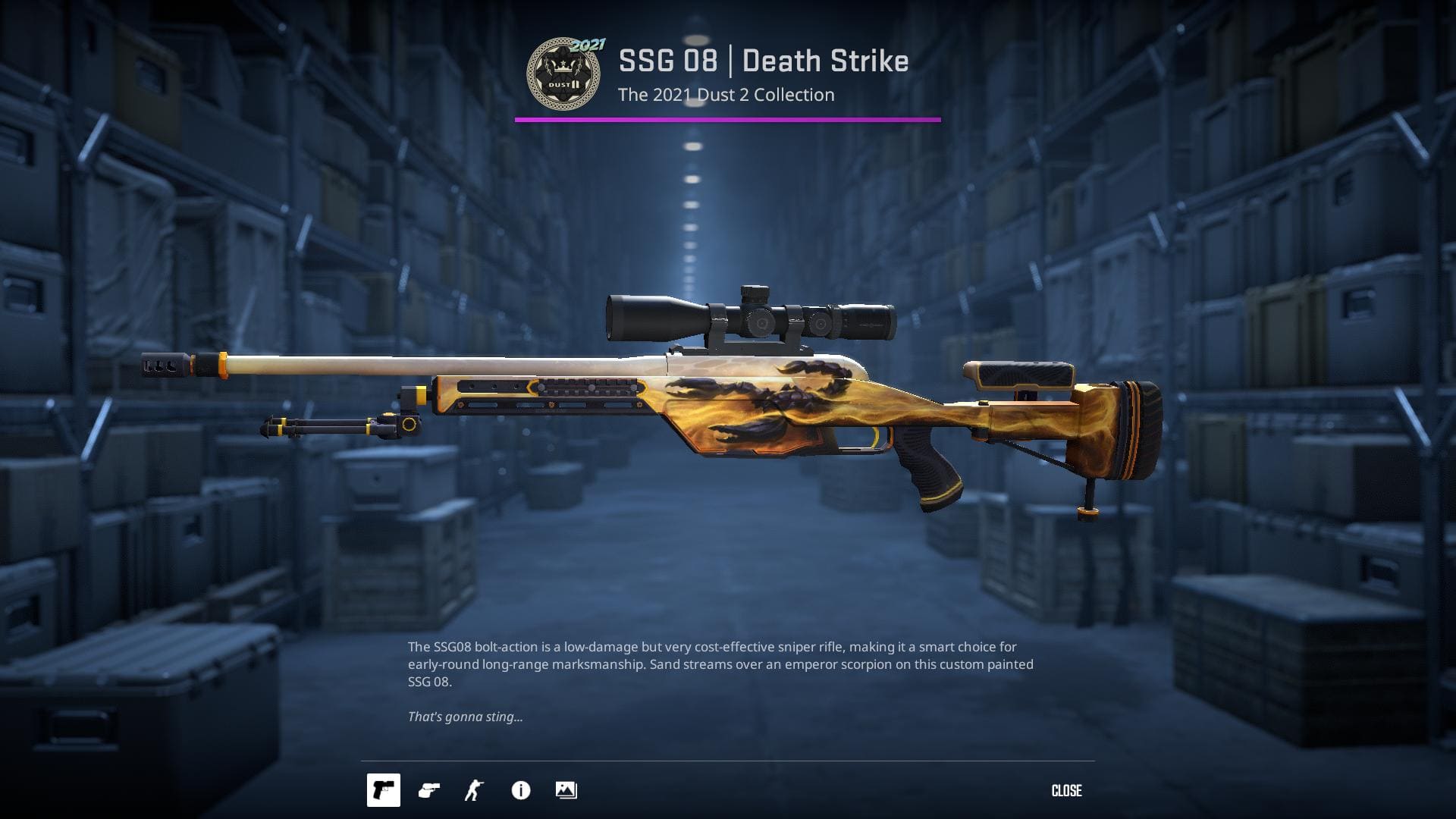 SSG 08 Death Strike rifle skin with a sand-streamed emperor scorpion design.