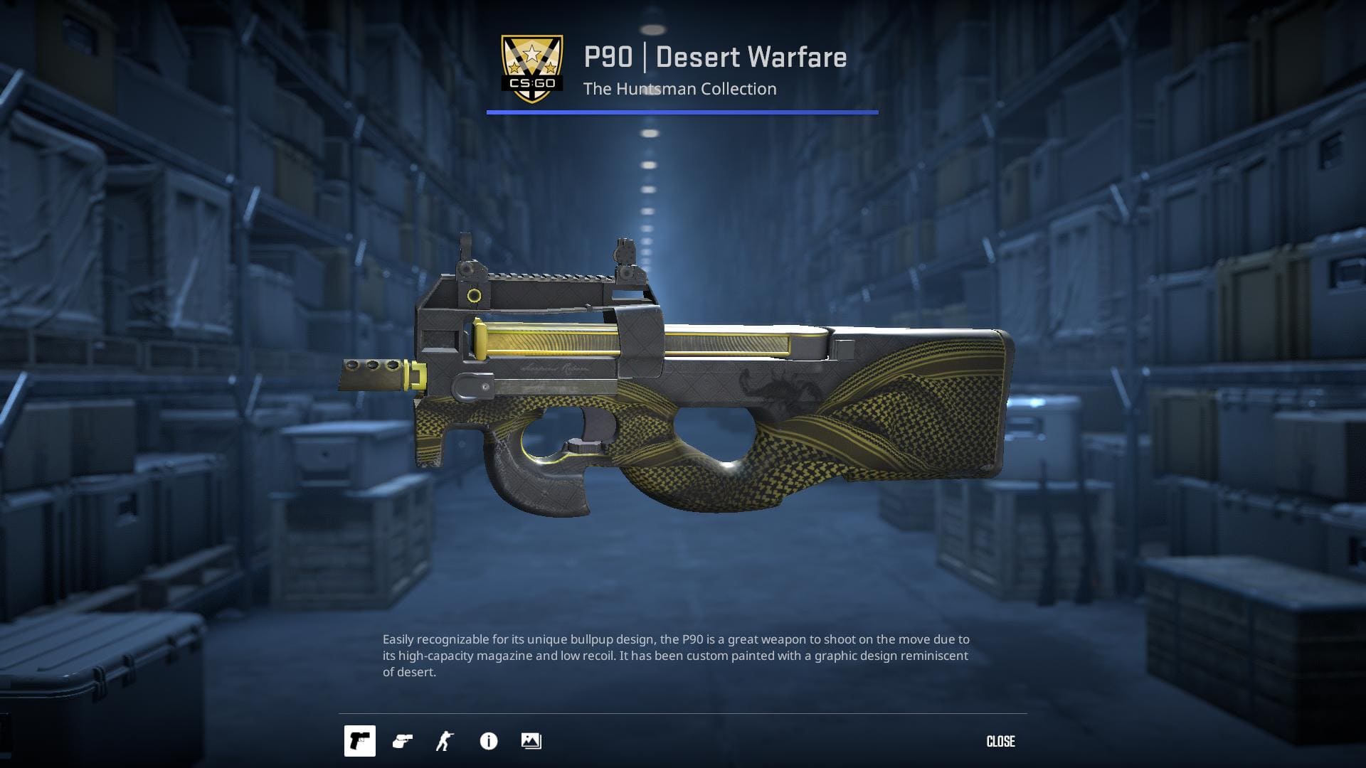 A detailed image of the P90 submachine gun with a Desert Warfare skin, featuring a graphic design reminiscent of desert camouflage.