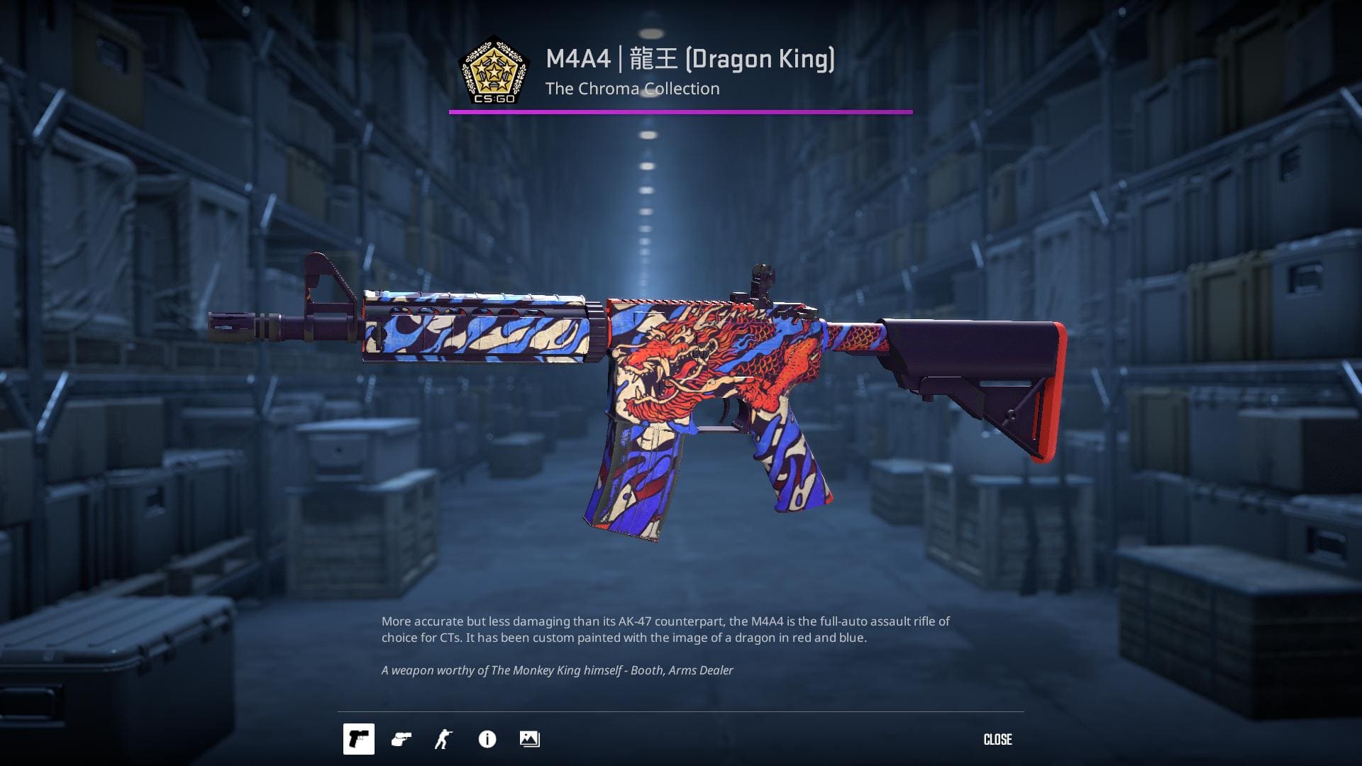 High-resolution image of the M4A4 Dragon King skin from Counter-Strike 2, showcasing a vibrant dragon design in red and blue.