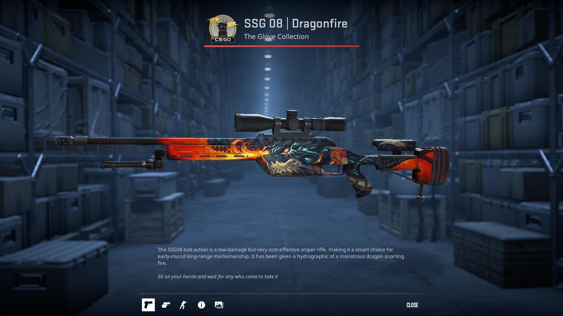 SSG 08 Dragonfire rifle skin with a hydrographic of a monstrous dragon snorting fire.