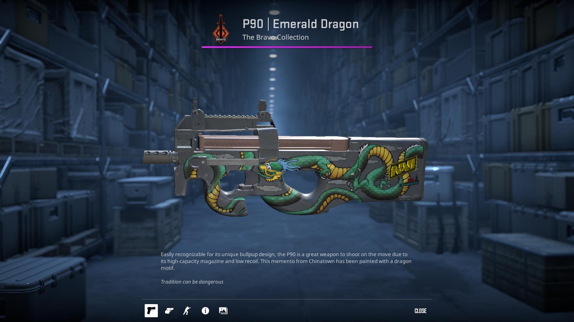 P90 Emerald Dragon skin with a green and gold dragon motif.