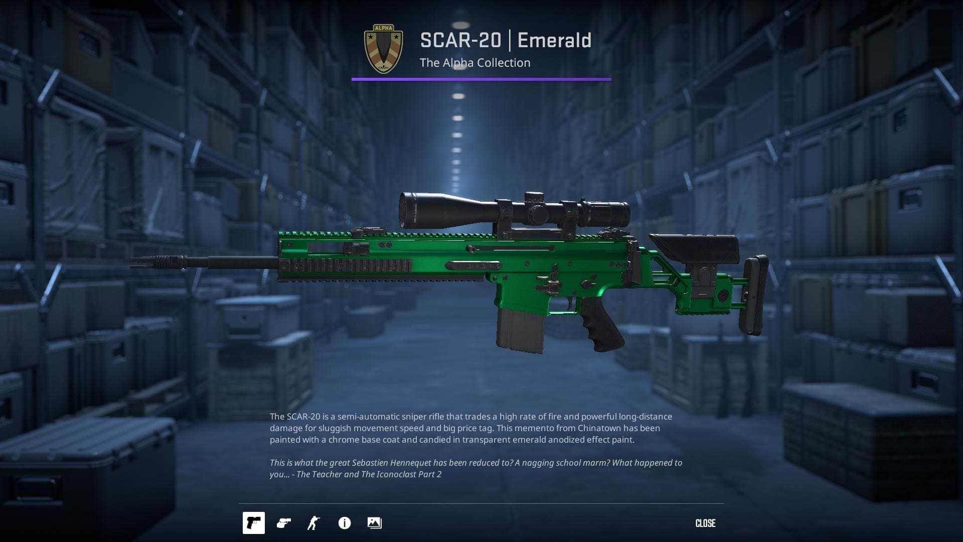 SCAR-20 rifle with a chrome base coat and transparent emerald anodized effect paint from the Alpha Collection in Counter-Strike 2.