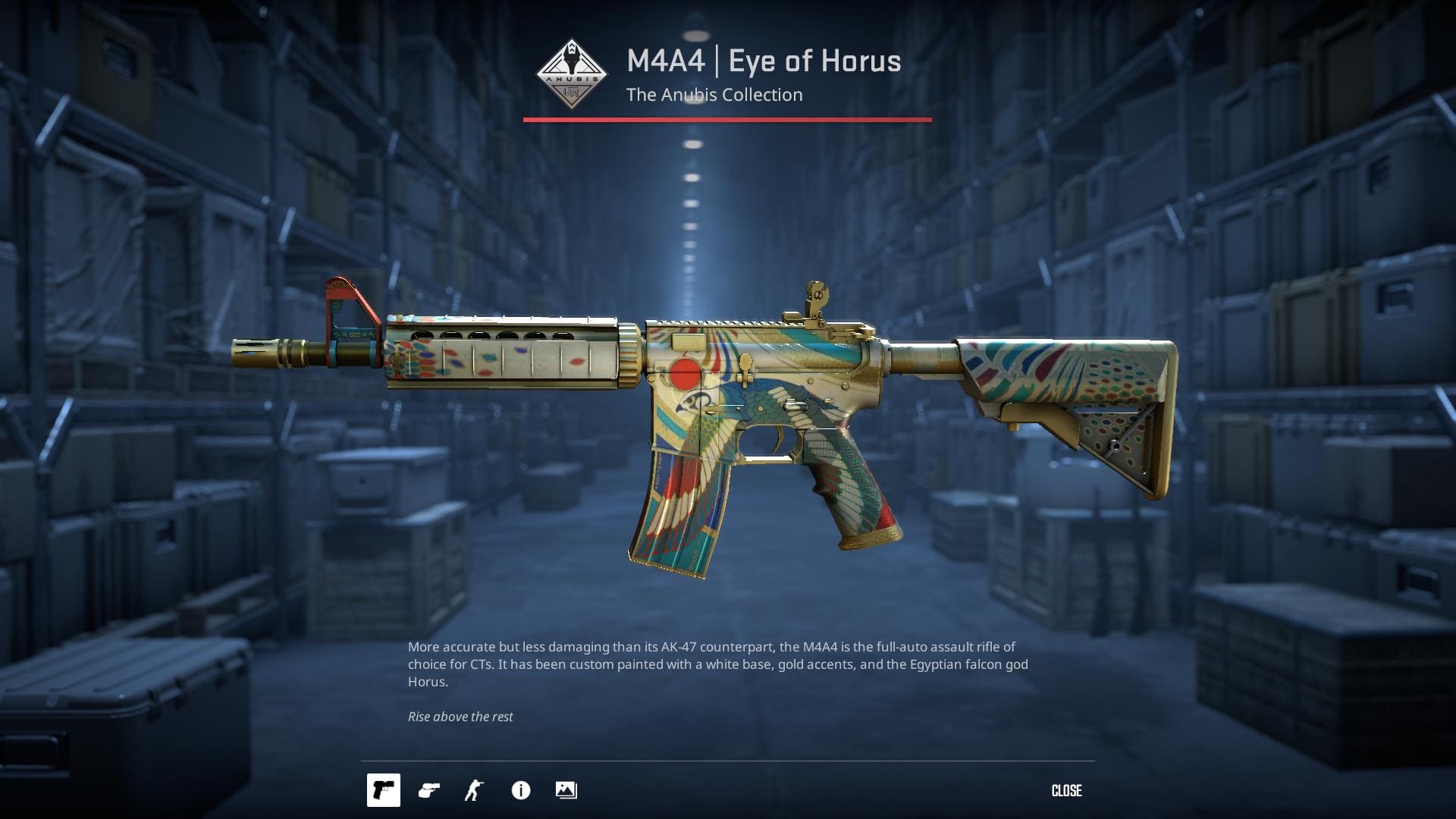 High-resolution image of the M4A4 Eye of Horus skin from Counter-Strike 2, displaying a white base with gold accents and the Egyptian falcon god Horus.