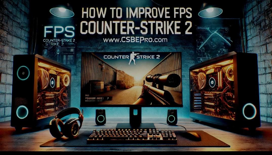 A sleek gaming setup with a high-performance PC and dual monitors displaying Counter-Strike 2 gameplay, accompanied by vibrant lighting and the title 'How to Improve FPS in Counter-Strike 2' with the website URL 'https://csbepro.com/'.