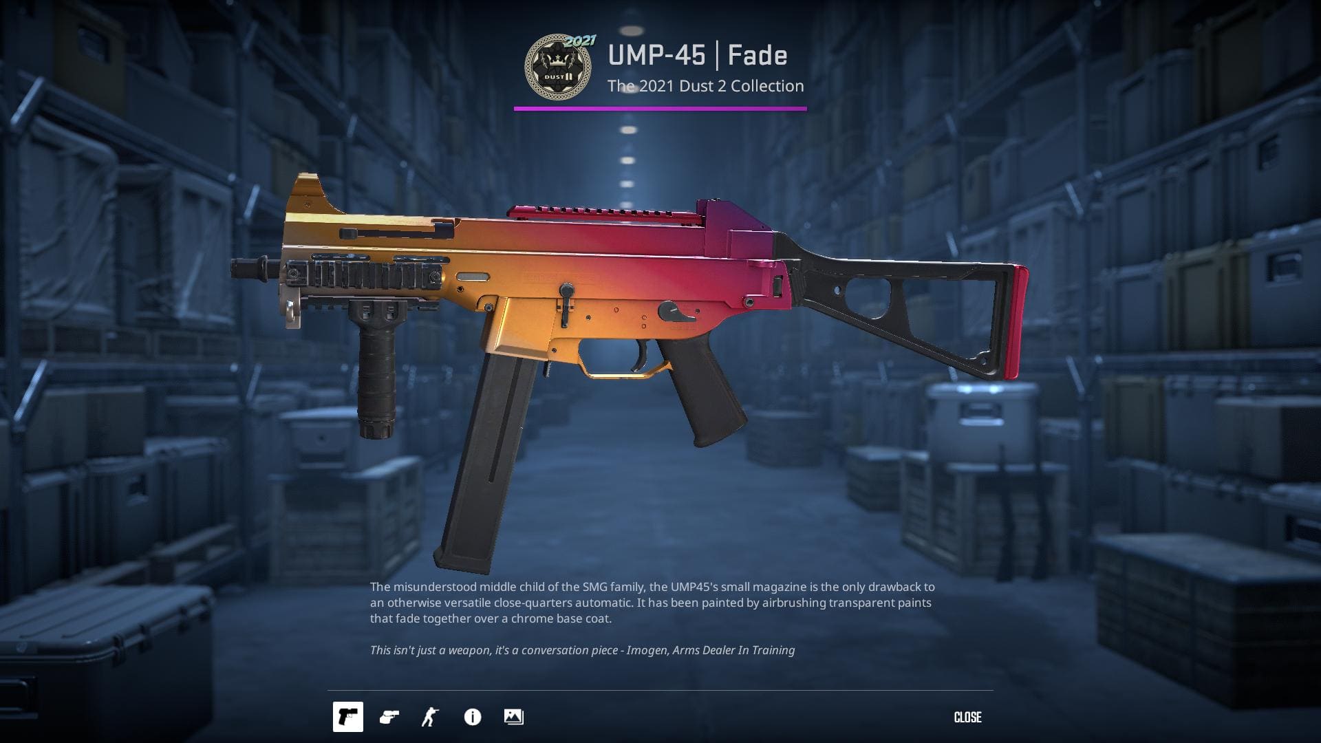 High-definition image of the UMP-45 Fade submachine gun skin from Counter-Strike 2, featuring transparent paints that fade together over a chrome base coat.