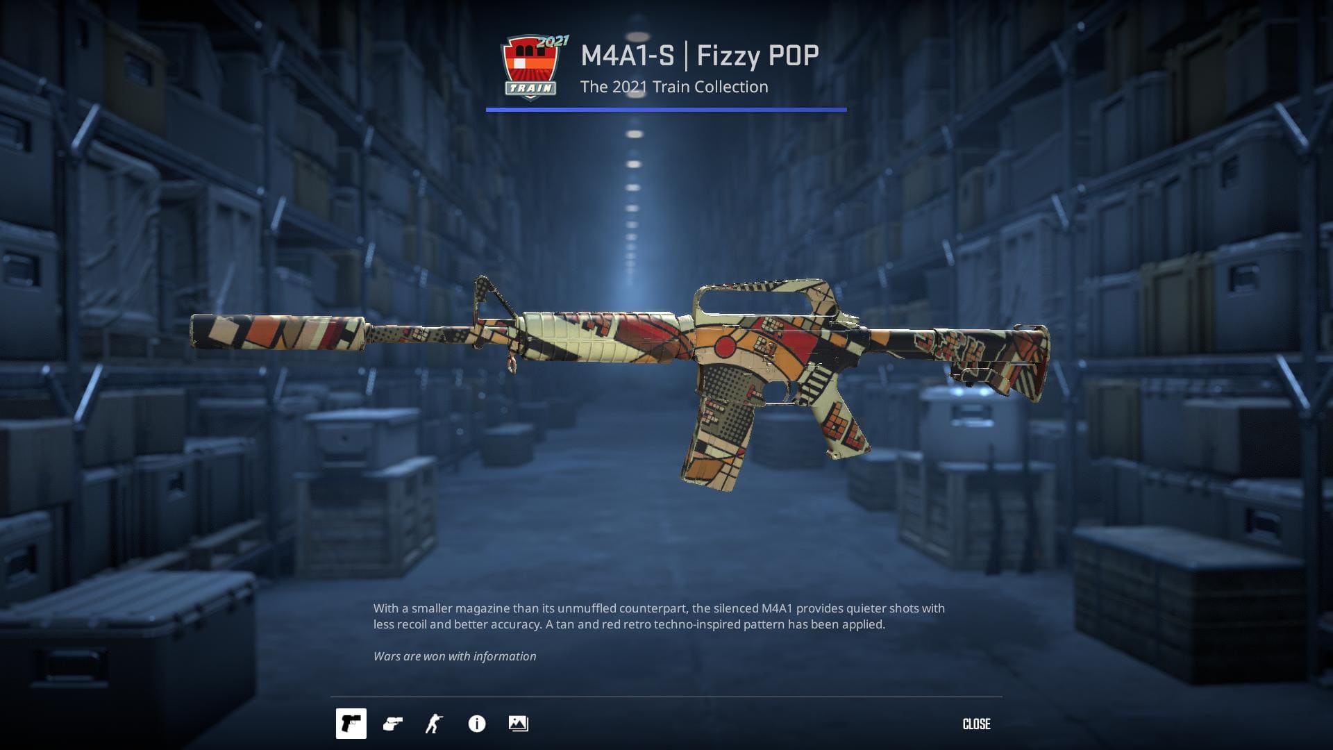 M4A1-S Fizzy POP rifle skin with a tan and red retro techno-inspired pattern.