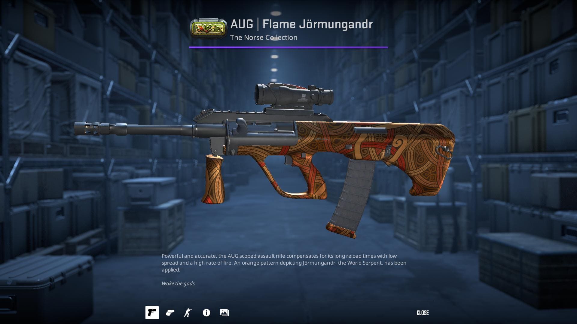 AUG Flame Jörmungandr skin with an orange pattern depicting Jörmungandr, the World Serpent.