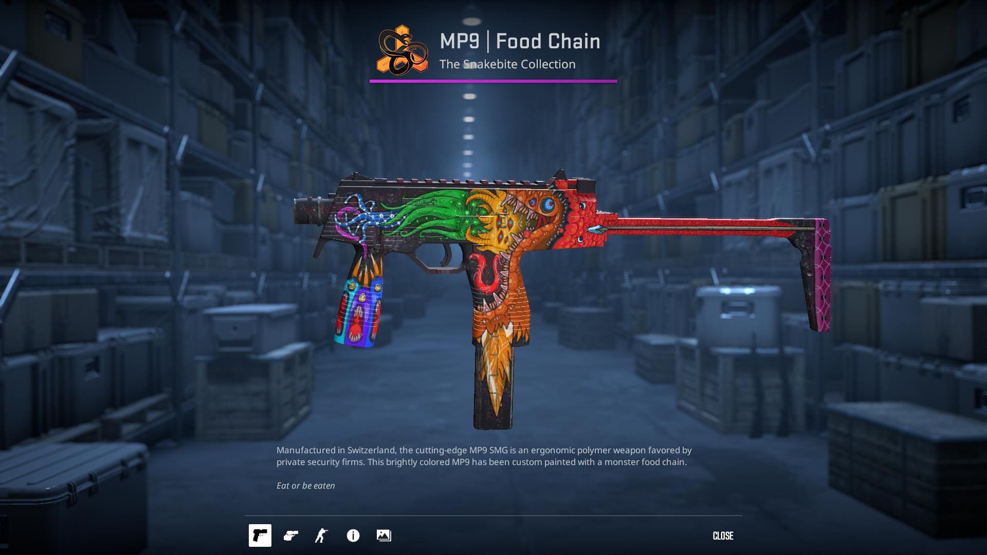 MP9 Food Chain skin with colorful monster design.