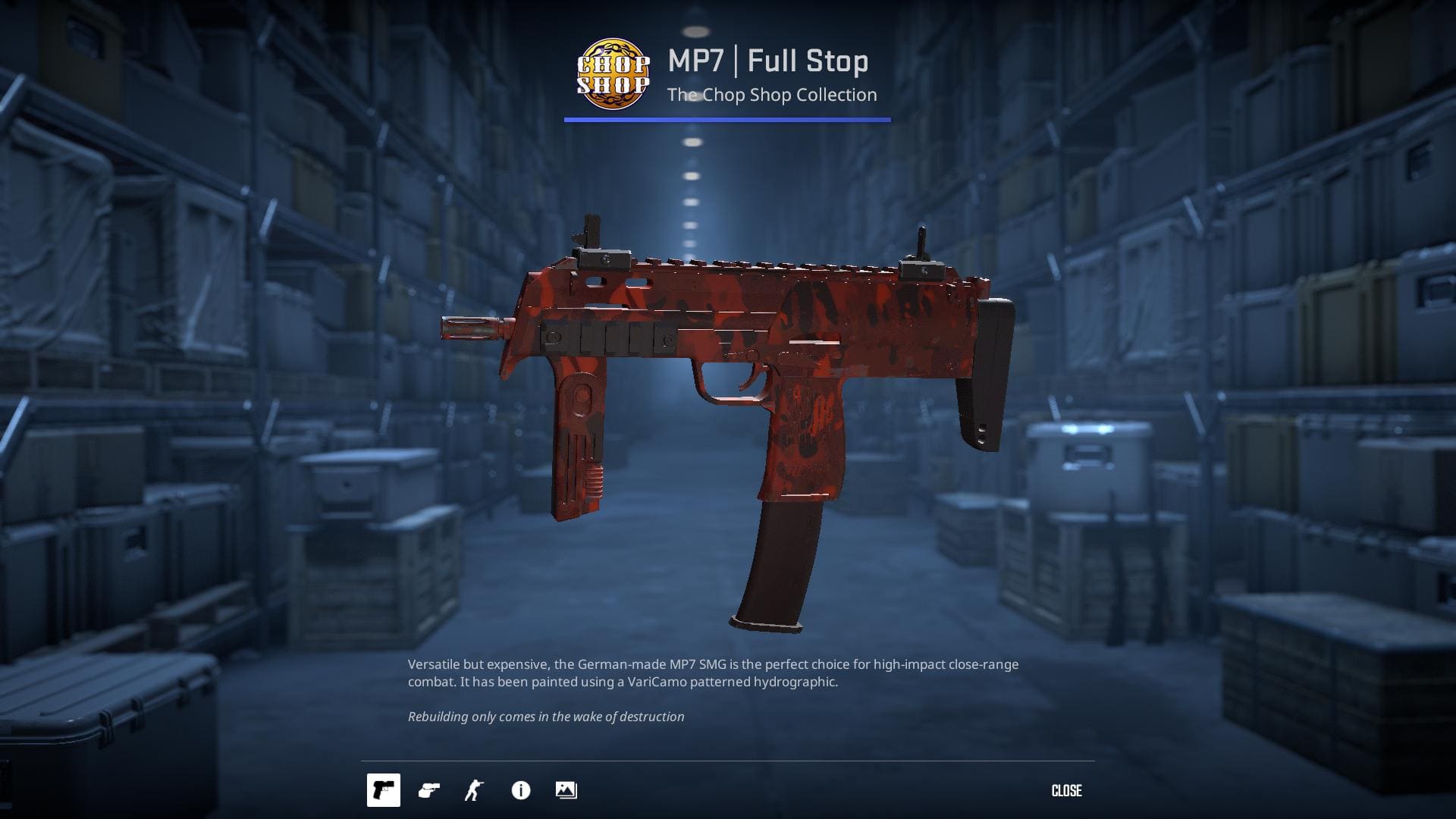 MP7 Full Stop skin from Counter-Strike 2, with a striking red and black design featuring a Varicam-patterned hydrographic.