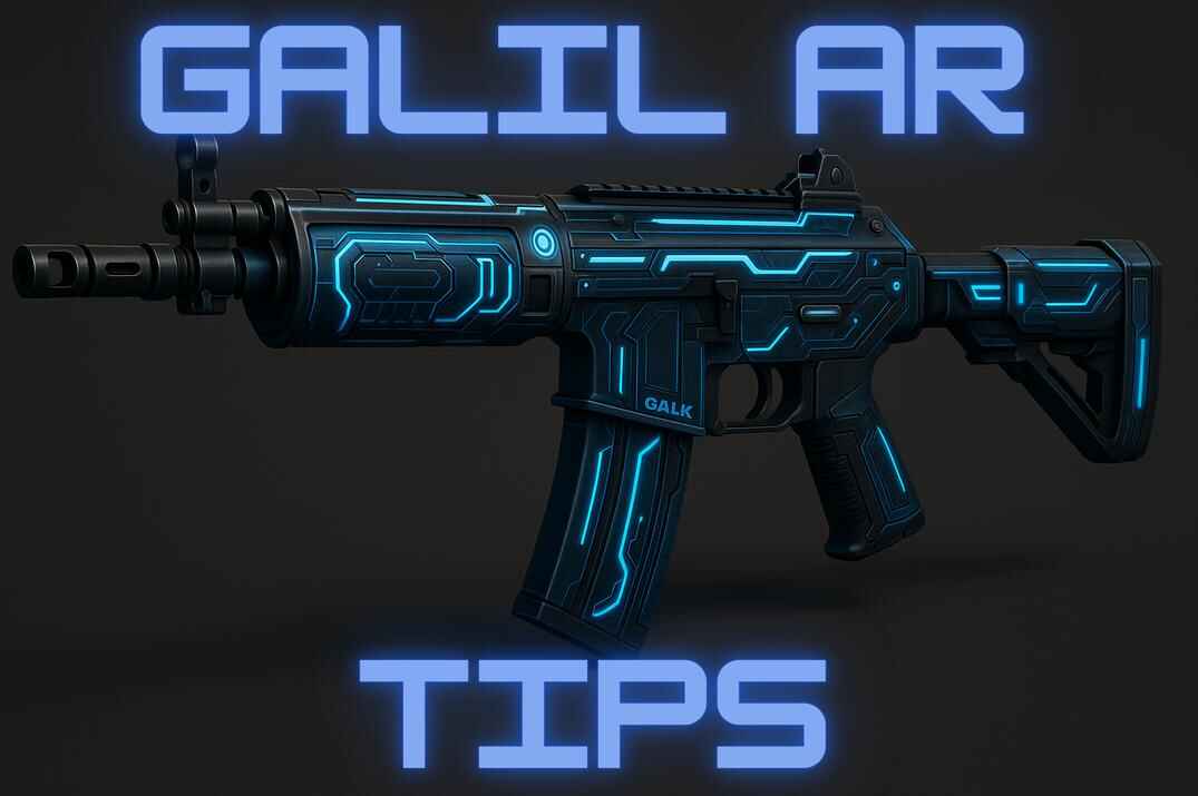 A 3D-rendered image of a futuristic, sci-fi-inspired assault rifle (Galil AR) with glowing blue circuitry and sleek black armor plating.