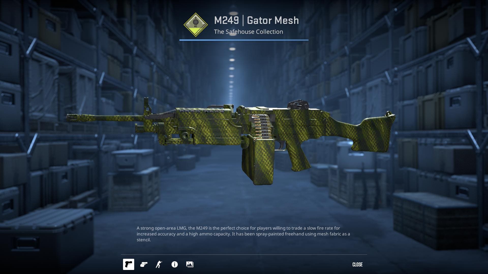 A textured M249 machine gun skin from Counter-Strike 2, featuring a mesh fabric stencil spray-painted in a green, reptilian pattern.