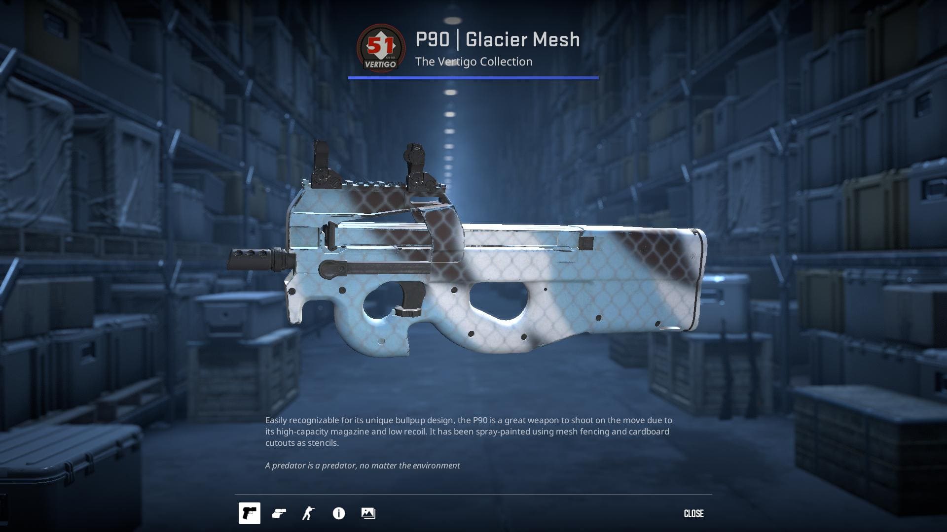 P90 Glacier Mesh skin with a white and blue mesh pattern.