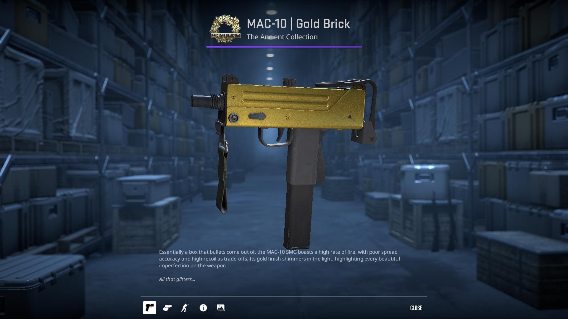 MAC-10 Gold Brick skin from the Ancient Collection in Counter-Strike 2.