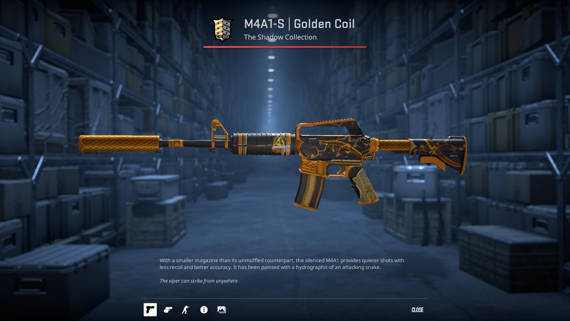 M4A1-S Golden Coil rifle skin with a hydrographic of an attacking snake.