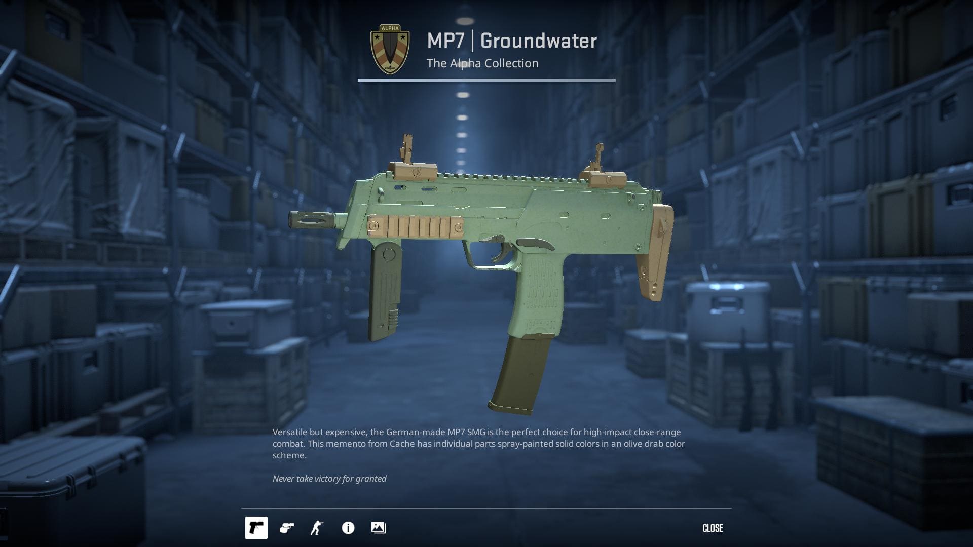 MP7 Groundwater skin from Counter-Strike 2, showcasing a green and brown color scheme with an olive drab color scheme.