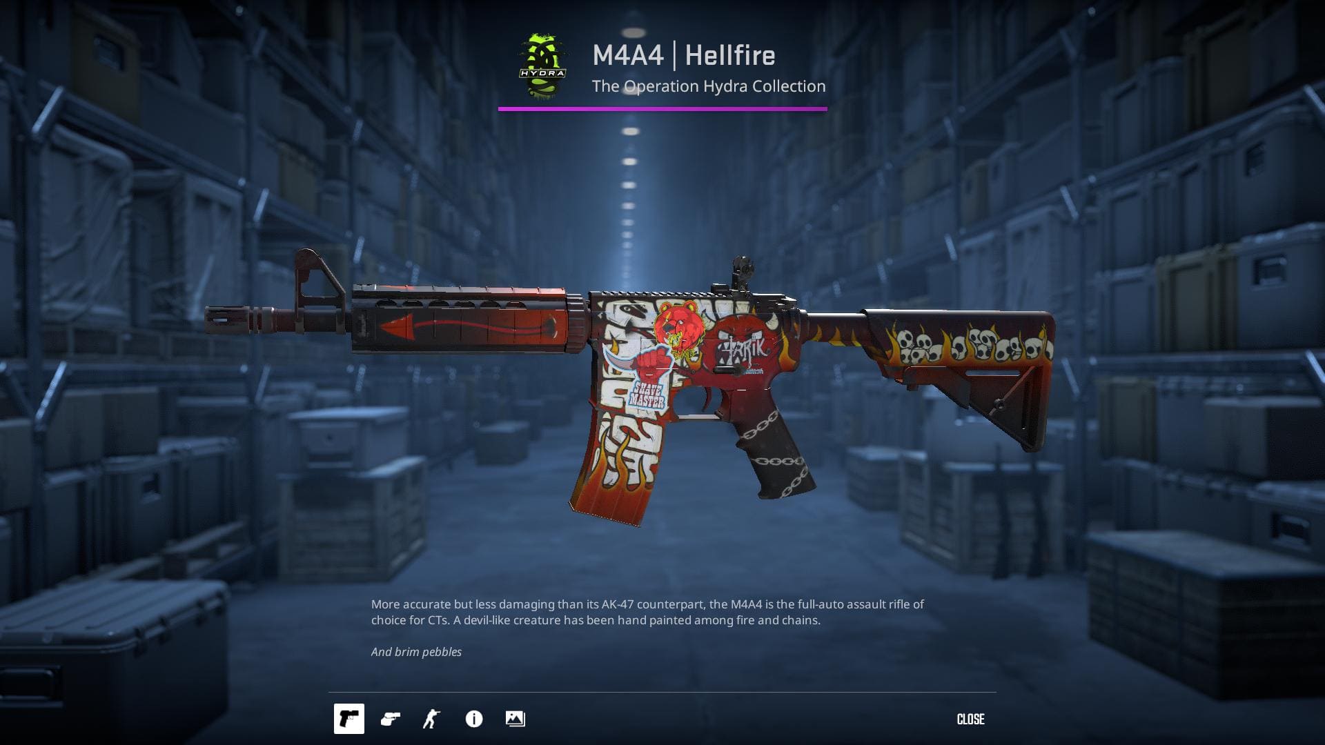 High-resolution image of the M4A4 Hellfire skin from Counter-Strike 2, showcasing a devil-like creature hand-painted among fire and chains.