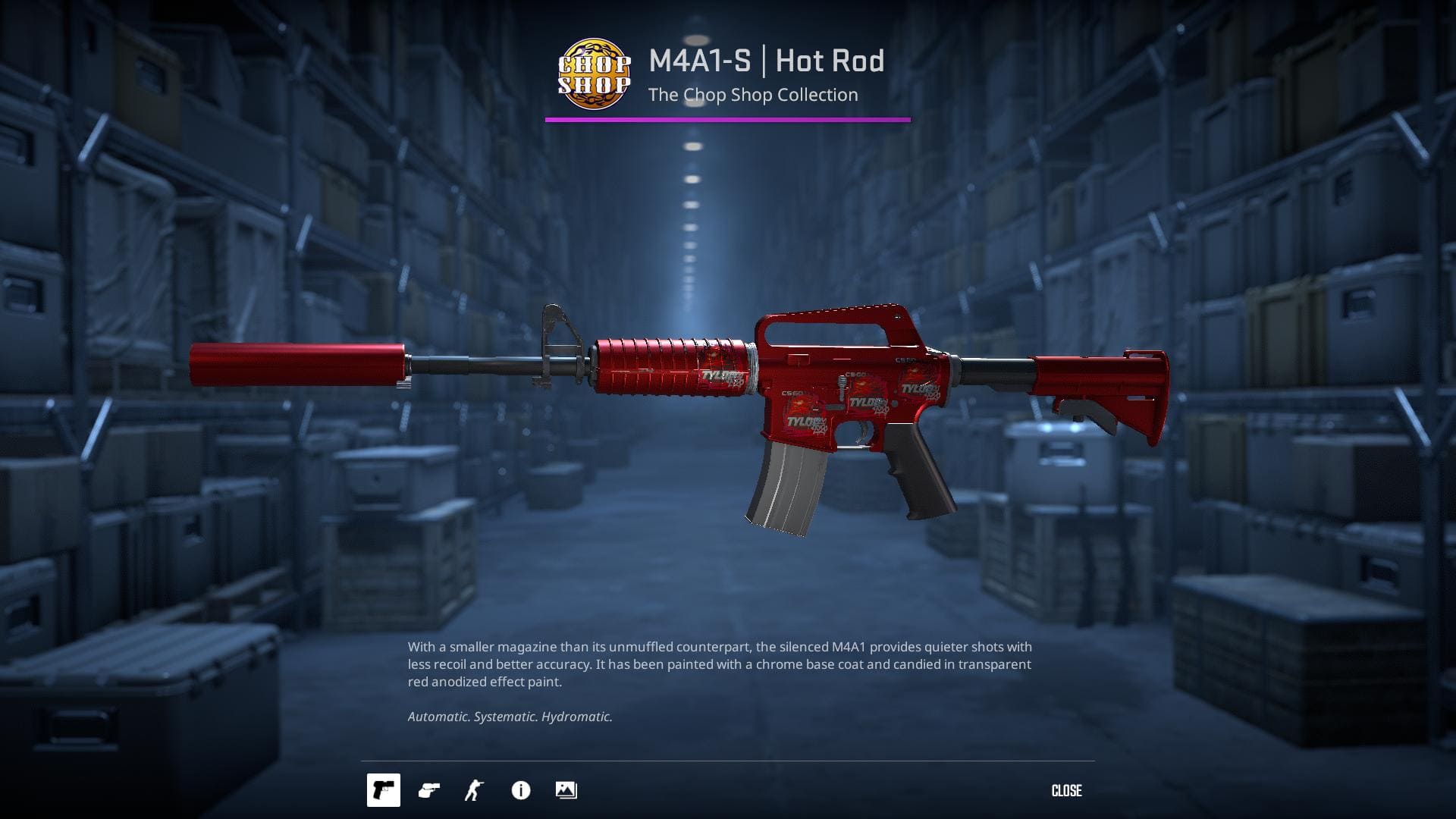 M4A1-S Hot Rod rifle skin with a chrome base coat and candied in transparent red anodized effect paint.