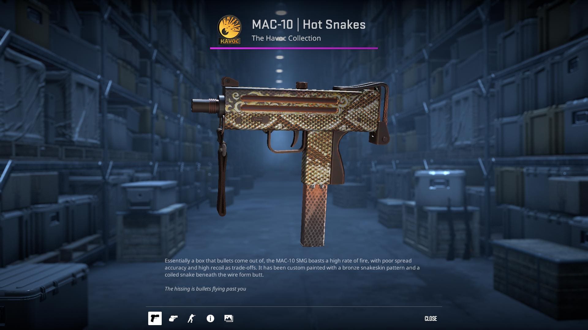 MAC-10 Hot Snakes skin from the Havoc Collection in Counter-Strike 2.