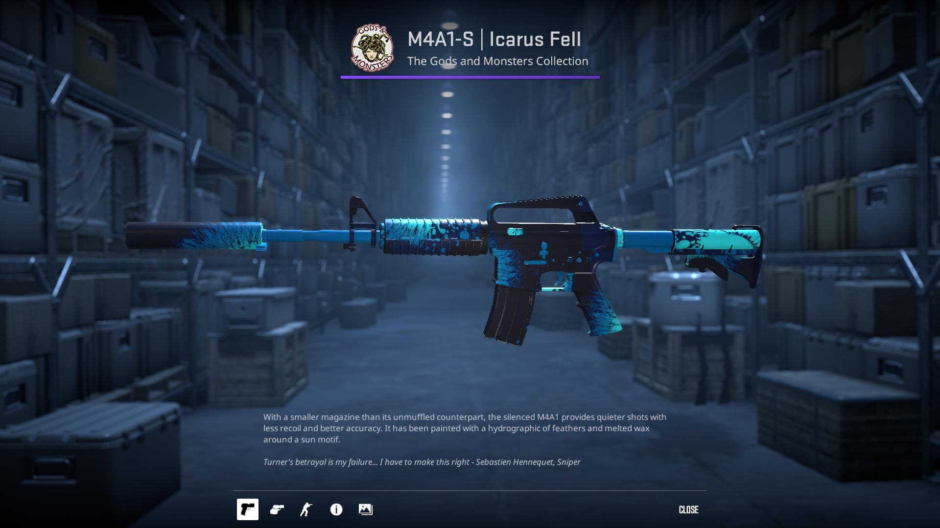 M4A1-S Icarus Fell rifle skin with a hydrographic of feathers and melted wax around a sun motif.