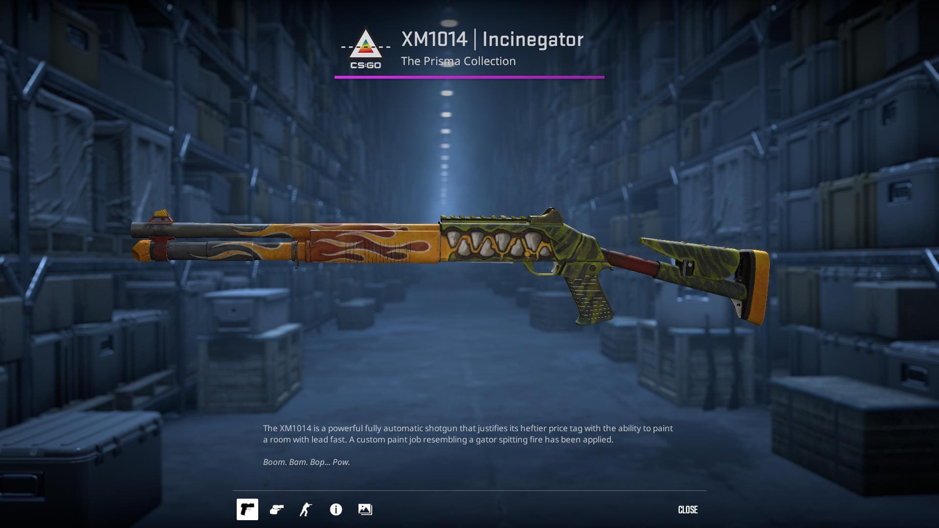 XM1014 Incinegator rifle skin with a custom paint job resembling a gator spitting fire.