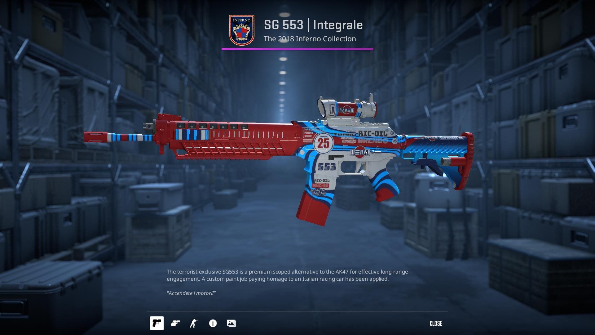 SG 553 Integrale skin with a custom paint job inspired by Italian racing cars.