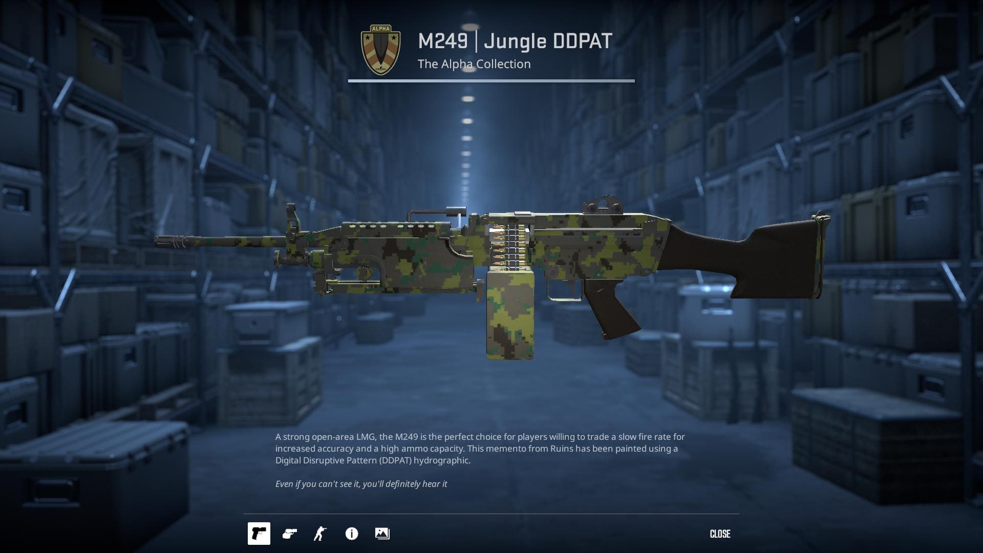 A camouflaged M249 machine gun skin from Counter-Strike 2, featuring a Digital Disruptive Pattern (DDPAT) hydrographic in shades of green and brown.