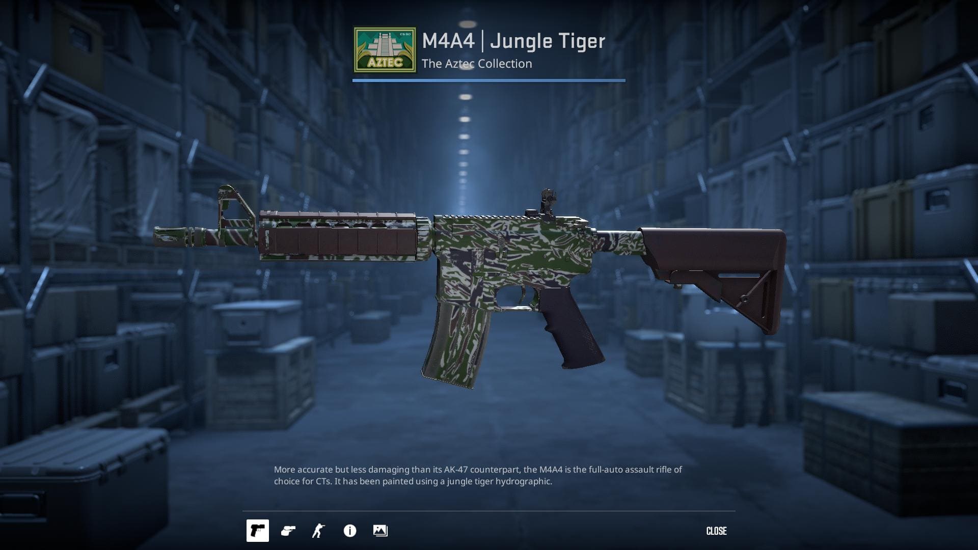 High-resolution image of the M4A4 Jungle Tiger skin from Counter-Strike 2, featuring a jungle tiger hydrographic design.