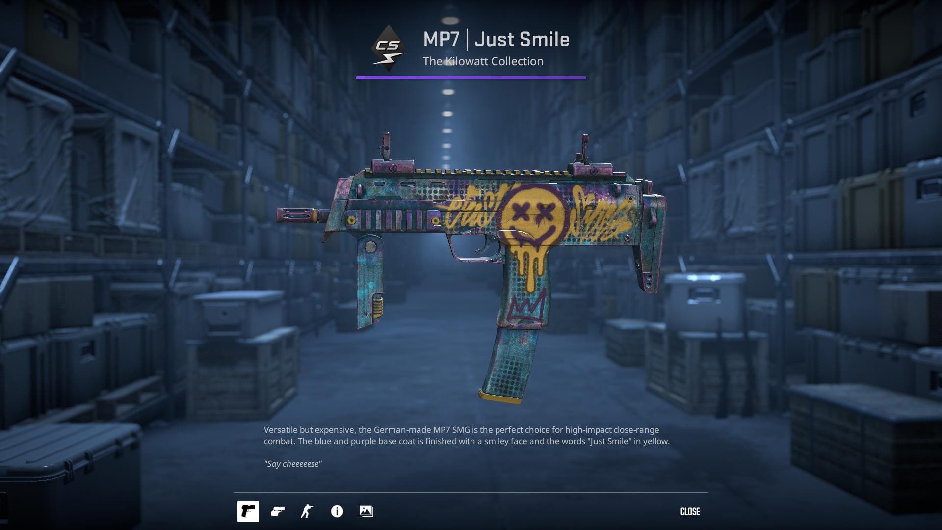 MP7 Just Smile skin from Counter-Strike 2, featuring a playful design with a smiling face and the words "Just Smile" in yellow.