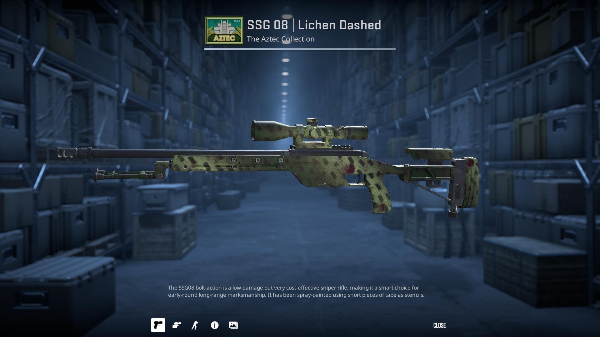 SSG 08 Lichen Dashed rifle skin with a spray-painted design using short pieces of tape as stencils.