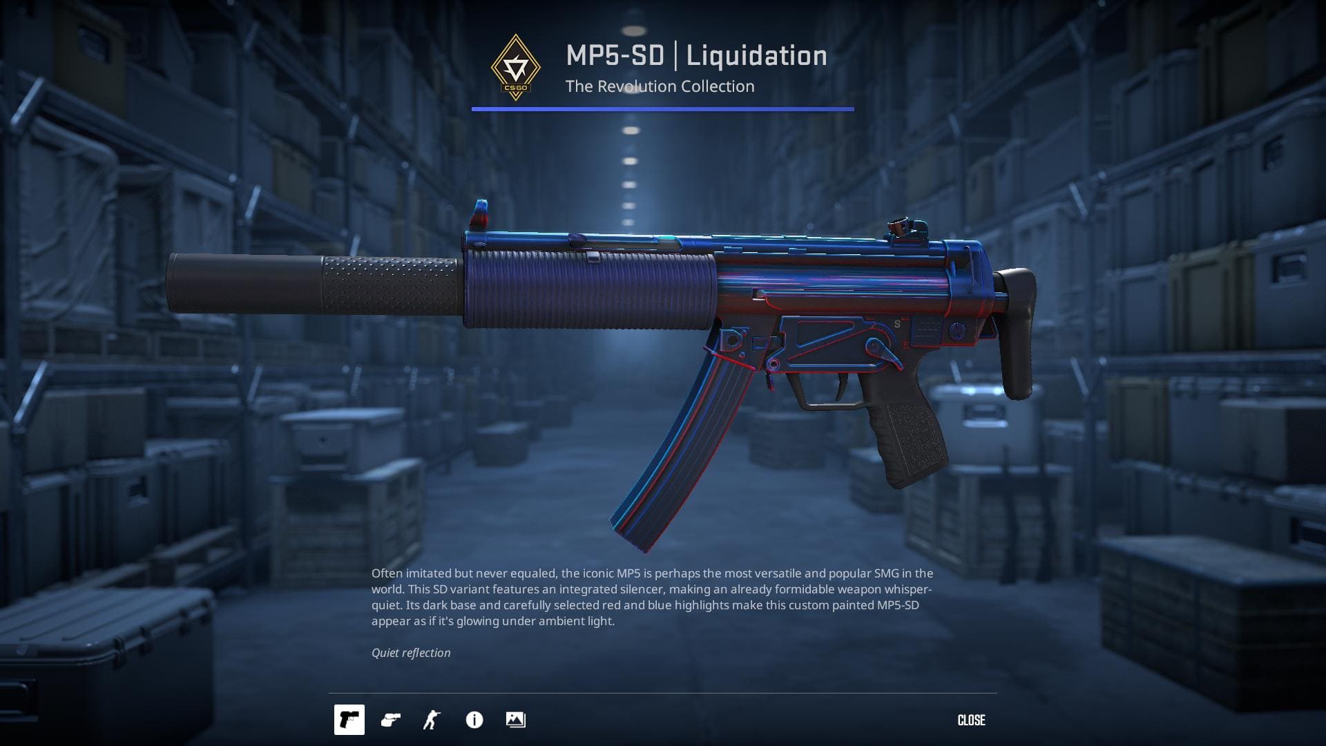 MP5-SD Liquidation skin from Counter-Strike 2, featuring a dark base with red and blue highlights.